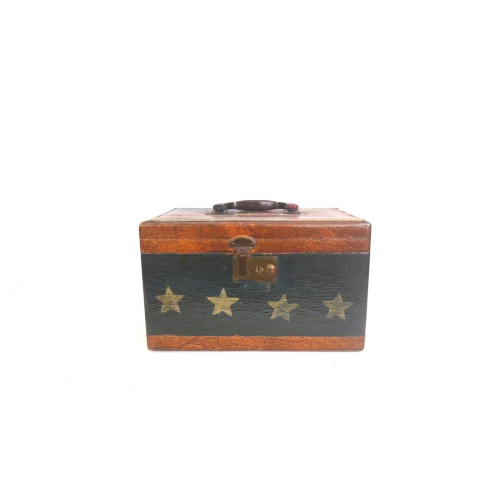 Vintage USA FLAG Train Case Make Up Box with Mirror: Carry-On Suitcase